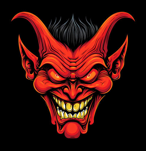 Devil head on black background, vibrant caricature style