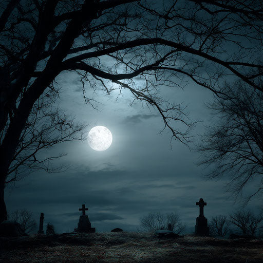 Night Scene of a Graveyard Under a Dramatic Sky