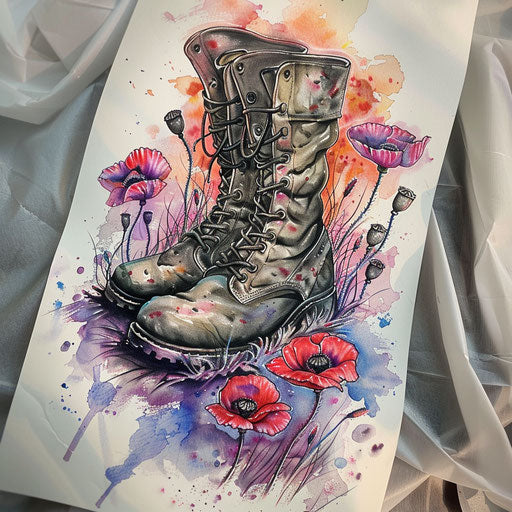Illustrative tattoo of army boots walking on a poppy field