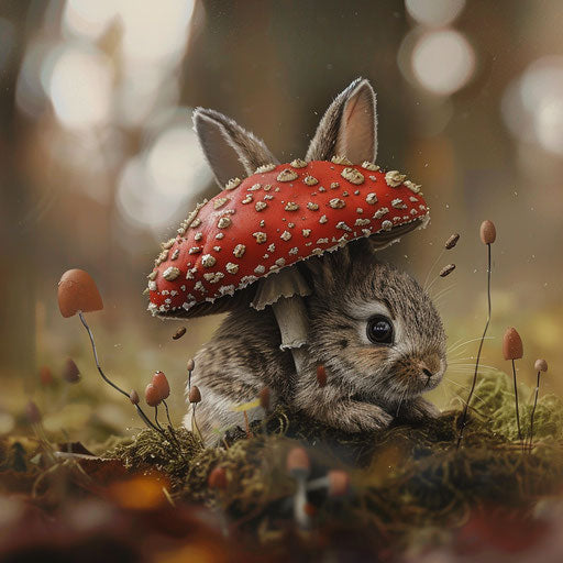 A rabbit peeking out from behind a mushroom in the style of Will Burrard-Lucas