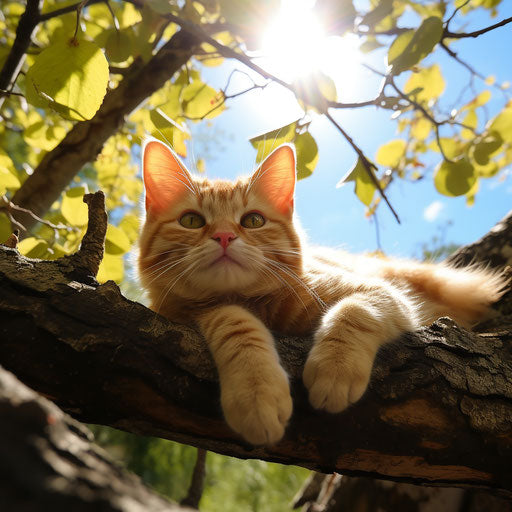 Ginger cat lying on a tree branch