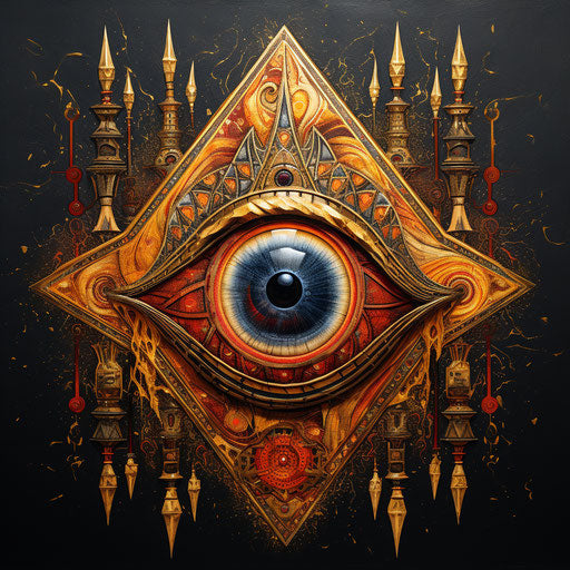 All-seeing eye and ancient sun symbol in elaborate massurrealism style