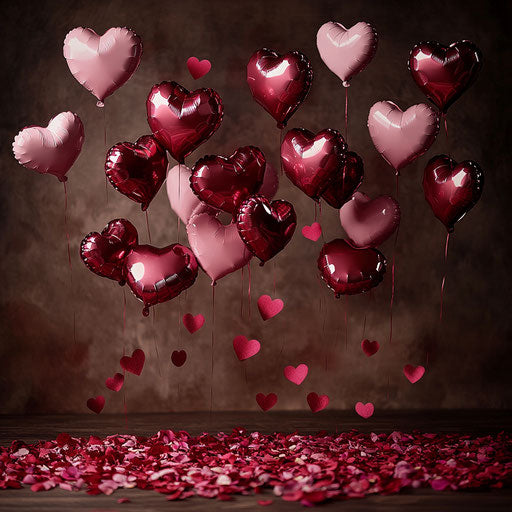 Valentine's Day backdrop with heart-shaped balloons and rose petals