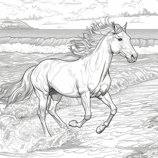 Horse running on a beach with crashing waves