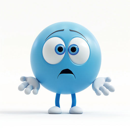 Blue cute emoji with big eyes and white hands, confused