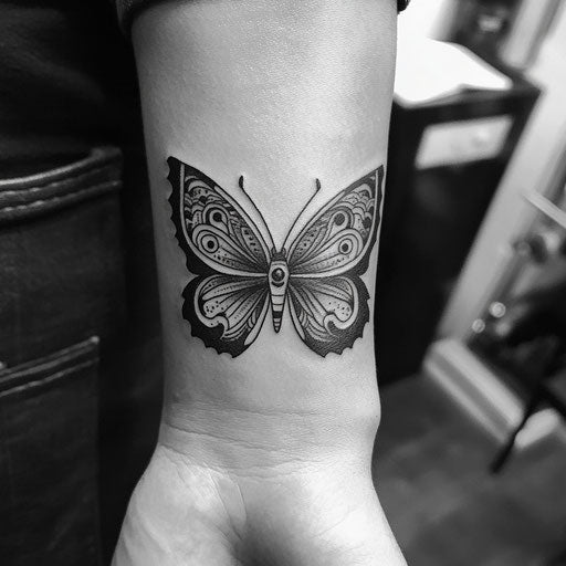 Butterfly tattoo men wrist tribal lines style