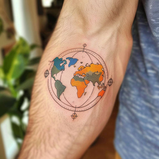 Colorful flat tattoo sketch of Earth, highlighting oceans and continents in a minimalist style
