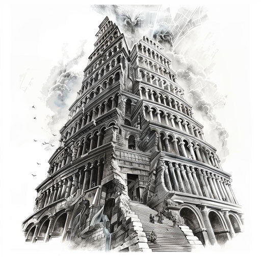 Tower of Babel reaching sky in grays and blacks