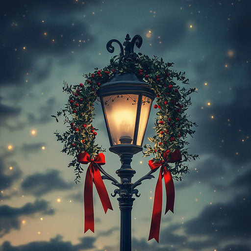 Vintage street lamp decorated with mistletoe and red ribbon