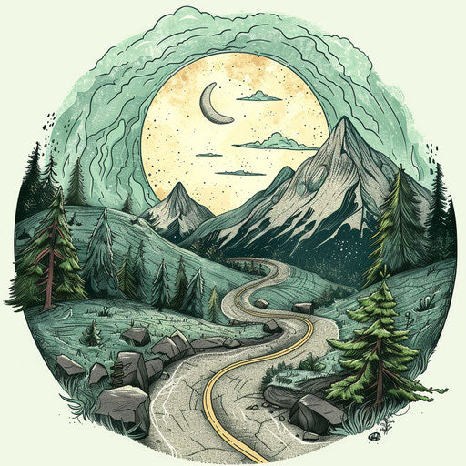 Adventurous flat tattoo sketch of a mountain road spiral, earthy greens and grays, clipart style