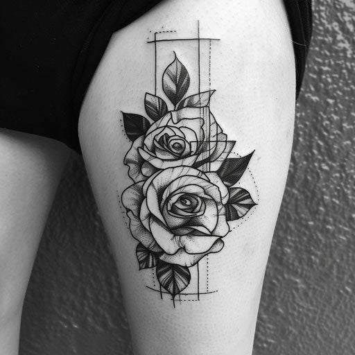 Contemporary flat tattoo sketch of a gypsy rose with minimalist black and white contrasts