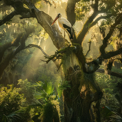 Wood stork perched on ancient tree in mossy forest