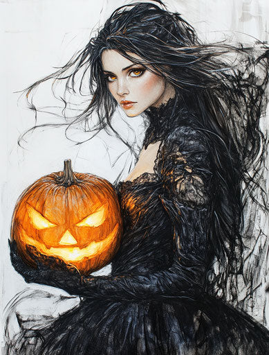 The witch with an orange, glowing pumpkin