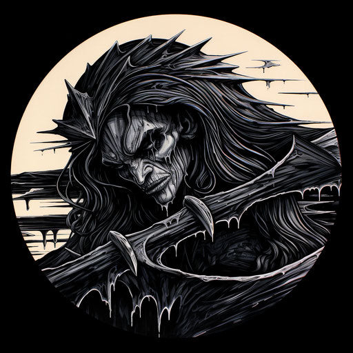 Demon dripping on scythe, wood engraving style, religious iconography