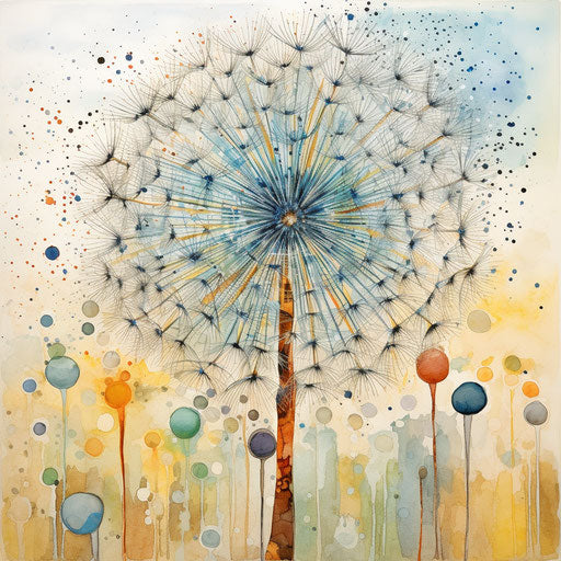 Watercolor dandelion, illustrative pen-and-ink sketches