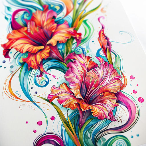 Psychedelic style gladiolus tattoo with swirling patterns and bright colors illustrated on white paper