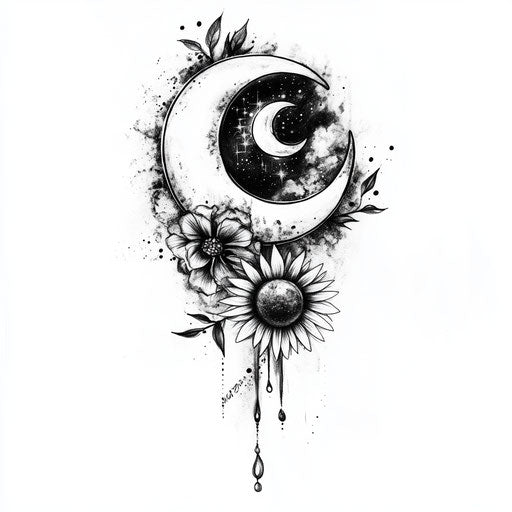 Upper arm tattoo sketch with sun and moon yin-yang design