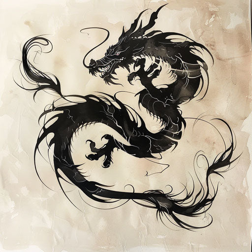 Stylized flat tattoo sketch of a black dragon with flowing ribbon tails