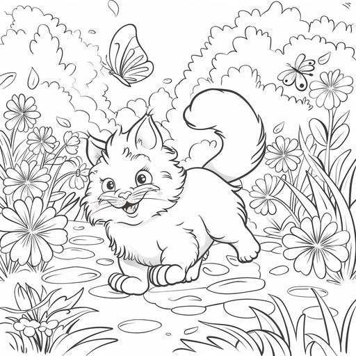 A playful cartoon cat chasing a butterfly in a garden.