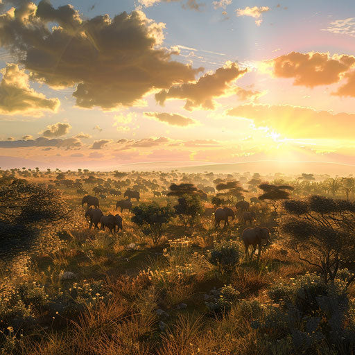 Natural panorama of a vast savannah with a herd of elephants at dusk