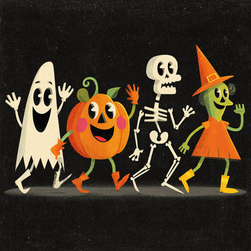 Cheerful Halloween Characters in Retro Cartoon Style