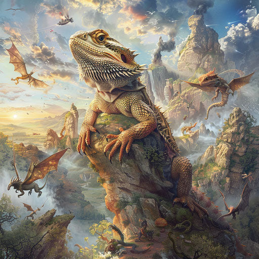 A bearded dragon in a fantasy landscape