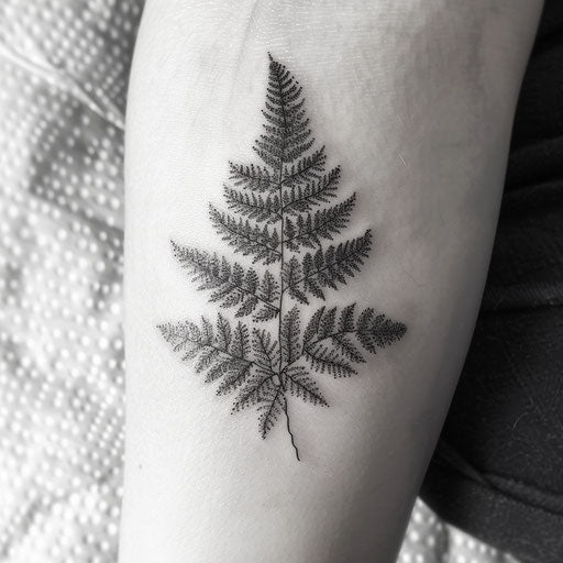 Dotwork fern tattoo on white textured surface
