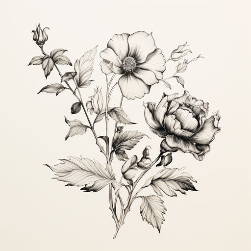 Botanical hand drawn art: leaves and flowers, elegant neotraditional style