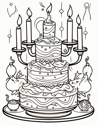 Birthday cake coloring page, in the style of Lucas Cranach the Elder