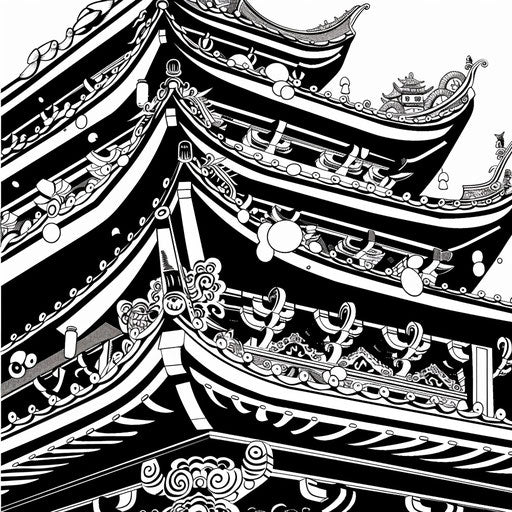 Black and white drawing of a stylized chinapunk temple