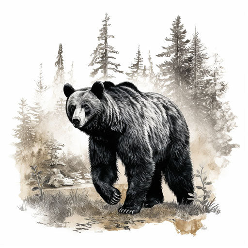 Black bear with trees on white background