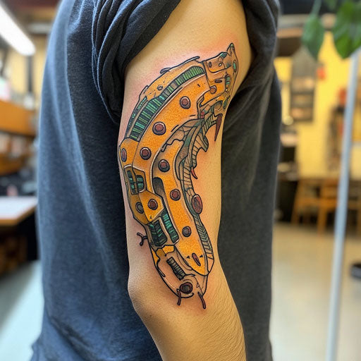 Tricep tattoo of a biomechanical arm - Aitchison style