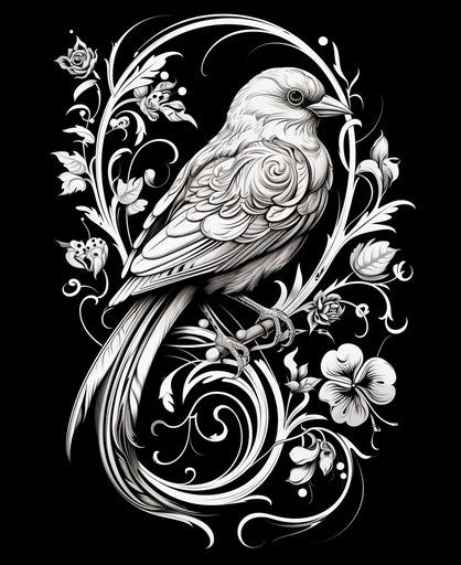Black and white bird tattoo in vine style