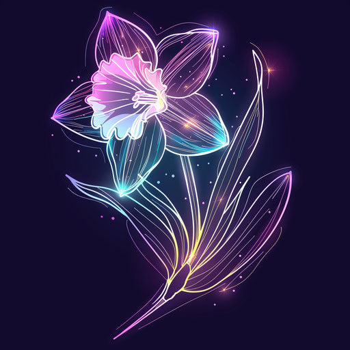 Flat futuristic tattoo sketch of a daffodil with holographic effects
