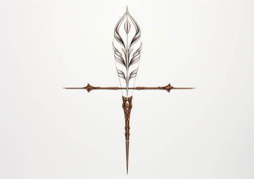 Bow and arrow in neoclassical symmetry on white background