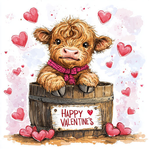 Cute Highland cow baby sitting in an old wooden barrel with hearts around