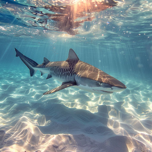 Tiger shark gliding in crystal-clear waters with rays of sunlight