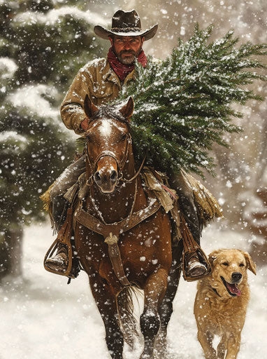 Cowboy and dog carrying snowy evergreen tree, Christmas card
