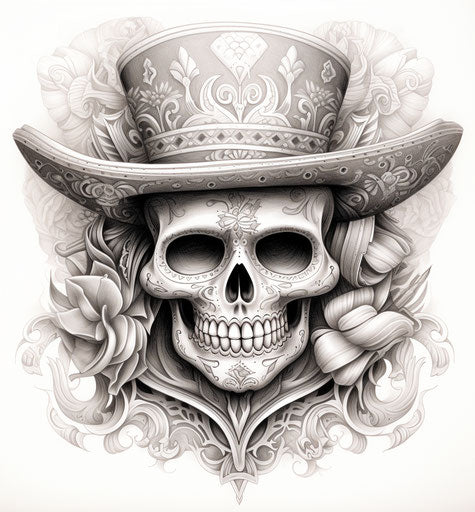 Skull with sombrero, black and white realism