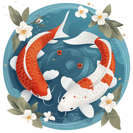 Two koi fish in a circular blue lake