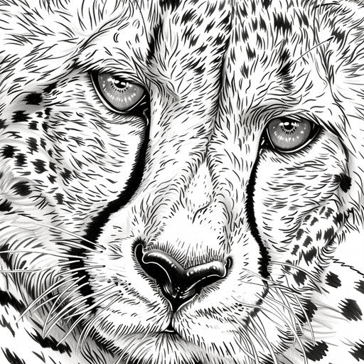 Detailed view of a cheetah's face showing its distinctive tear marks and spots. Coloring book page