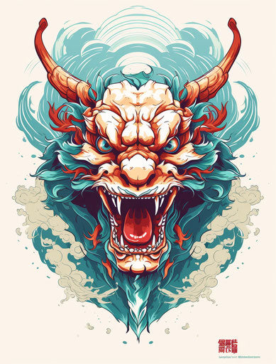 Dragon head tattoo, Burma style, light yellow and red