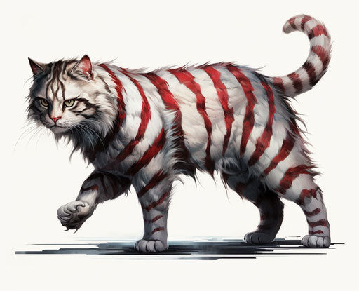 Bobtail cat walking on white background with red stripes