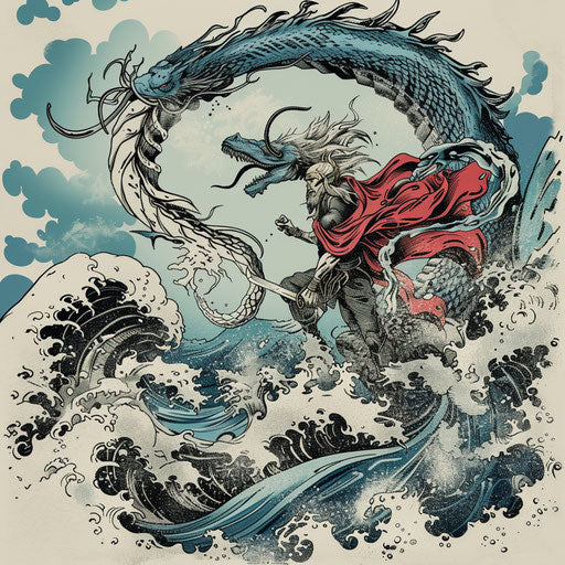 Adventurous tattoo sketch of Thor battling a sea serpent, in a clipart style with oceanic blue and stormy grey