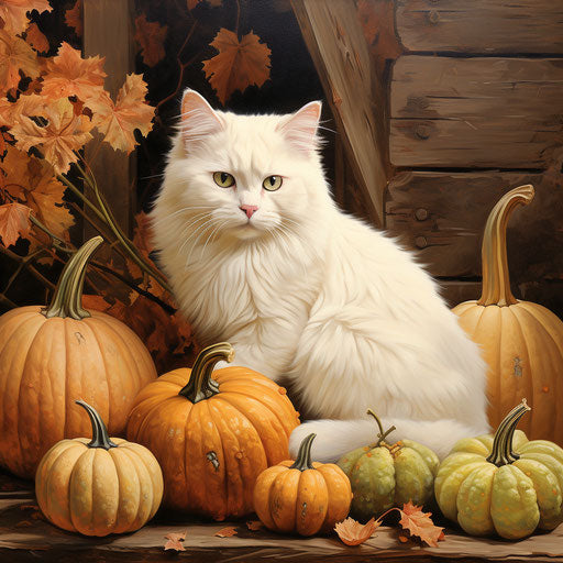 White cat resting with pumpkins
