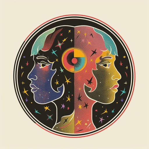 Retro 70s style flat tattoo sketch of the Gemini constellation