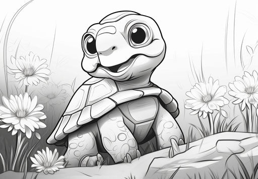 A turtle with flowers on the ground