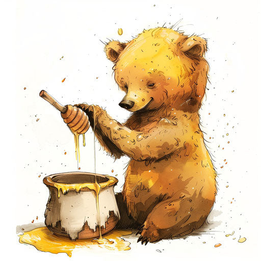 Honey tattoo of a bear reaching into a honey pot, playful and cute, against a white background