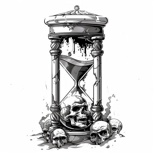 Gothic hourglass with sand dancing on skulls and bones in monochrome