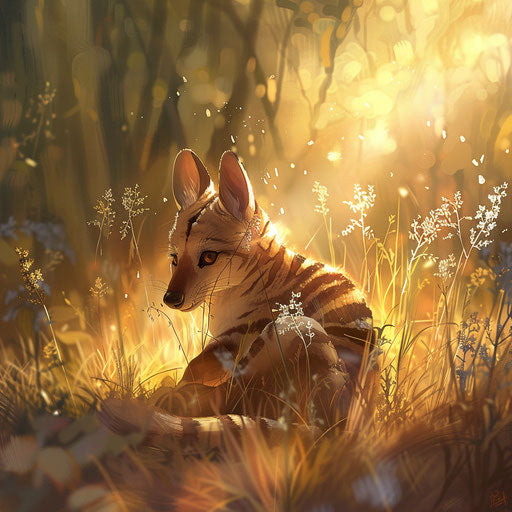 Thylacine playing in a sunlit meadow
